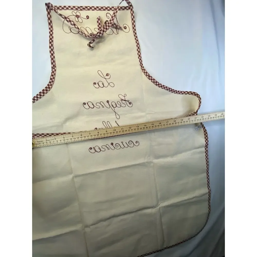 Nonna Embroidered Bib Apron Beige/Maroon Gingham Trim Pocket Cotton One Size
